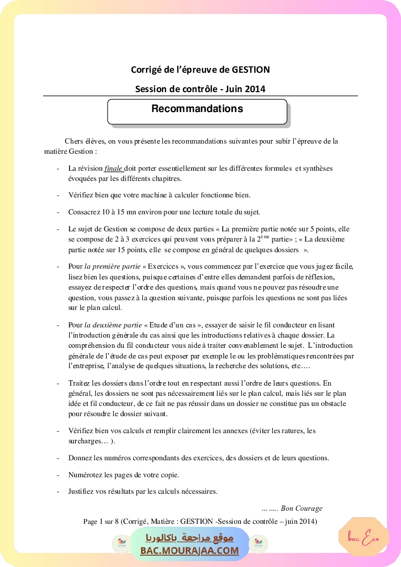 Corrigé controle gestion Bac 2014 – Section eco